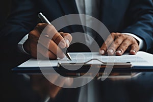 Close up shot of a businessman signing a business contract. Businessman writing on a paper document