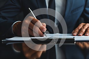 Close up shot of a businessman signing a business contract. Businessman writing on a paper document