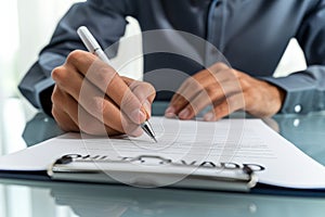 Close up shot of a businessman signing a business contract. Businessman writing on a paper document
