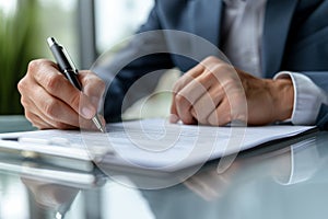 Close up shot of a businessman signing a business contract. Businessman writing on a paper document