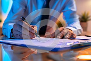 Close up shot of a businessman signing a business contract. Businessman writing on a paper document