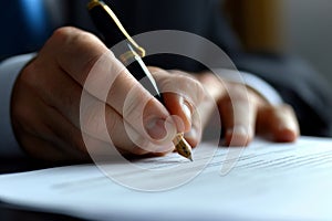 Close up shot of a businessman signing a business contract. Businessman writing on a paper document