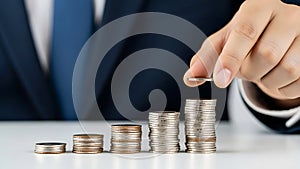 A businessman adding a coin to a stack of coins on a table