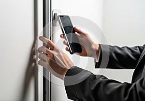 Businessman scanning qr code with smartphone