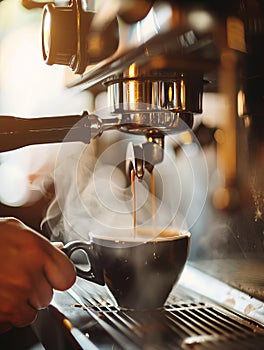 The close-up shot captures the espresso machine in action, as it meticulously pours out the perfect shot of espresso photo