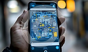 Hand holding smartphone displaying complex digital interface and map overlay