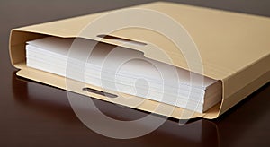 Thick stack of paper in a manila folder closeup