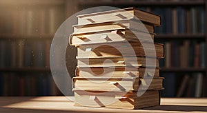 Cozy library reading stack illuminated by warm light