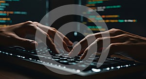 Hands Typing Code on a Keyboard with Glowing Screen