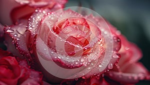 A close-up shot capturing the elegance of a pink and red rose bouquet, with dewdrops clinging to the petals in the soft morning