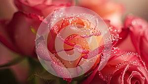 A close-up shot capturing the elegance of a pink and red rose bouquet, with dewdrops clinging to the petals in the soft morning