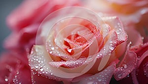 A close-up shot capturing the elegance of a pink and red rose bouquet, with dewdrops clinging to the petals in the soft morning