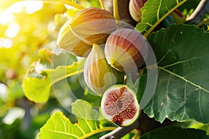 A close-up shot capturing the ripe fig fruits hanging on the branches of a fig tree, An organic fig tree overflowing with bright,