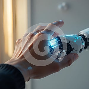 Virtual Connection Between Human and Futuristic Robot, Symbolizing Trust and Technology photo