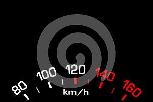 Close up shot of a car speedometer on black background.