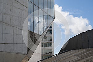 Close up shot of the Casa da Musica do Porto Porto Music House. Detail of the glass and concrete. Abstract image