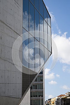 Close up shot of the Casa da Musica do Porto Porto Music House. Detail of the glass and concrete. Abstract image photo