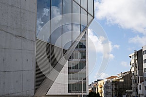 Close up shot of the Casa da Musica do Porto Porto Music House. Detail of the glass and concrete. Abstract image photo