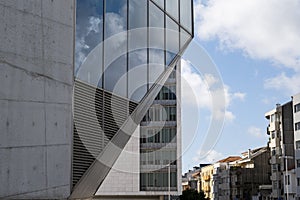 Close up shot of the Casa da Musica do Porto Porto Music House. Detail of the glass and concrete. Abstract image
