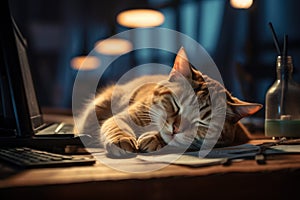 close-up shot of a cat, the cat is sleeping on the desk