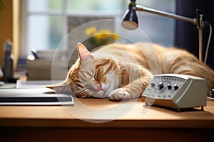 close-up shot of a cat, the cat is sleeping on the desk