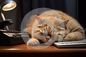 close-up shot of a cat, the cat is sleeping on the desk