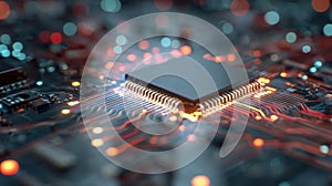 glowing cpu circuit board detail