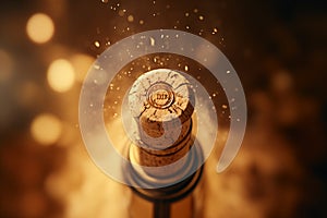 Close-up shot of a champagne cork popping new year eve celebration illustration AI Generated