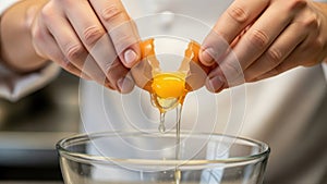 Chef's hands cracking an egg into a glass bowl.