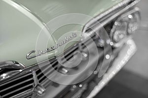 Close up shot of a Chevrolet Impala white car which produced in 1959. Editorial Shot in Izmir Turkey