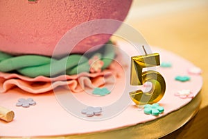 Close-up shot of child\'s birthday cake decoration elements