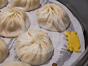 Close up shot of a Chinese style pork Xiao Long Bao