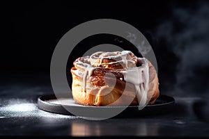 Close up shot of cinnamon roll over black background. Gourmet pastry concept.