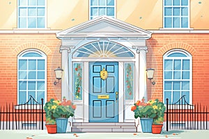 close-up shot of a classic colonial revival entrance with a fanlight, magazine style illustration