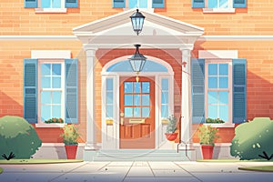 close-up shot of a classic colonial revival entrance with a fanlight, magazine style illustration