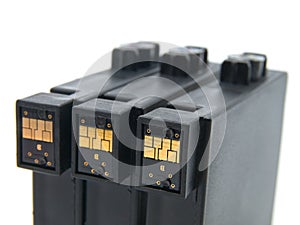 Close-up shot of a CMYK ink cartridges