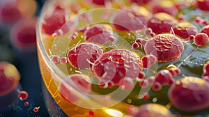 Close up shot of colorful bacterial colonies growing on agar in a laboratory setting photo