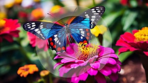 Close up shot of a colorful butterfly resting on a vibrant flower