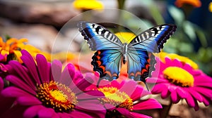 Close up shot of a colorful butterfly resting on a vibrant flower