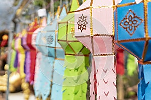 Close-up shot of colorful lanna prayer lantern decoration in ceremonies.