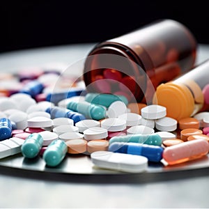 Close up shot of colorful medicine pills and tablets.