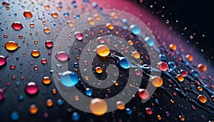 Close-up shot of colorful water droplets on a dark surface. The droplets are round and glossy, reflecting the light in