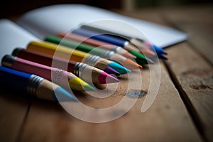 A close-up shot of colourful crayons on a wooden table with paper