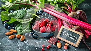 Close-Up Shot of a Composition Featuring Raw Spinach Leaves, Beet Greens, Sliced Beetroot, Rhubarb Stalks, Almonds, and