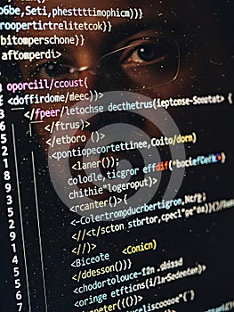 Close up of computer screen displaying lines of code with a persons reflection