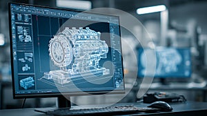 CAD Design Software Showing 3D Model of Engine on Computer Screen in Engineering Office AI generated.