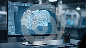 CAD Software Engineering Design 3D Model of a Turbine Engine on Computer Screen AI generated.