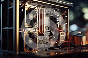 A close-up shot of a computer with specialized mining hardware, emphasizing the technical process of validating Bitcoin