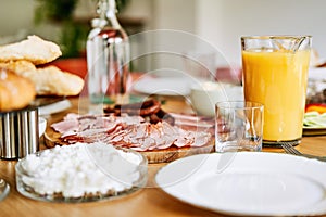 Close-up shot of continental breakfast table