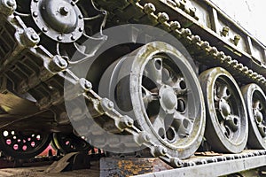 Close up shot of the continuous track of the tank. Military
